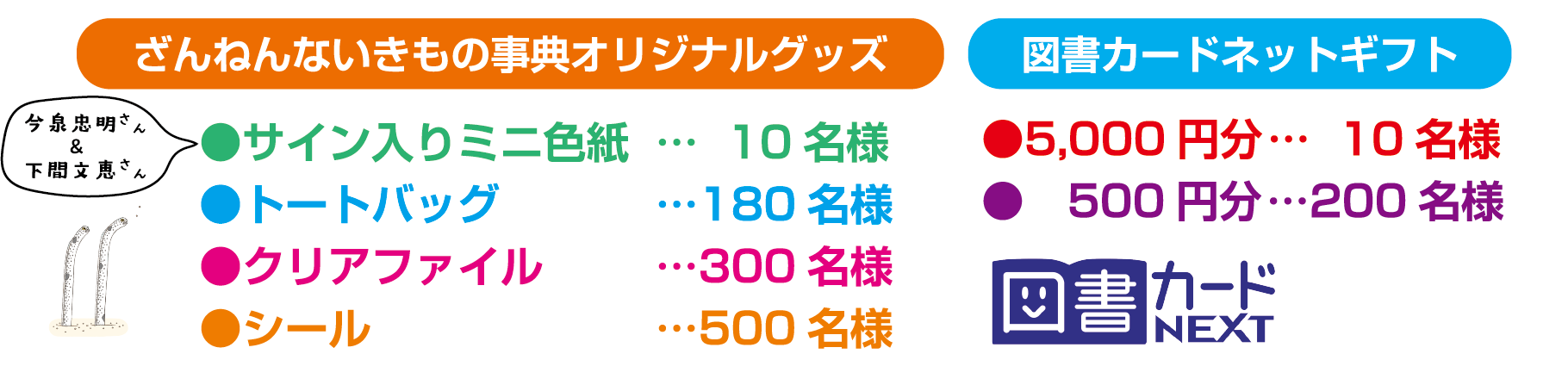ざんねんないきもの事典オリジナルグッズ サイン入りミニ色紙10名様 トートバッグ180名様 クリアファイル300名様 シール500名様 図書カードネットギフト 5,000円分10名様 500円分200名様