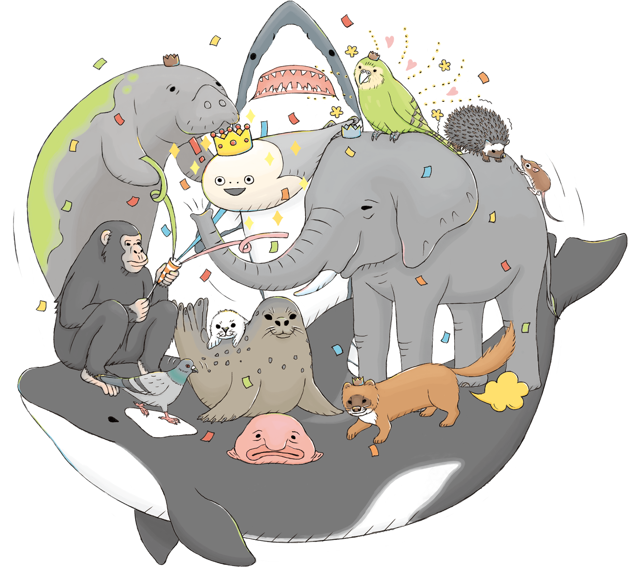 入賞したざんねんないきものたちが集りお祝いしているイラスト